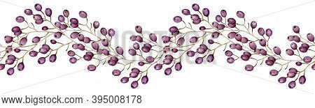 Rcolor Purple Berries Border. Winter Berries Seamless Header. Hand-drawn Illustration. Card, Templat