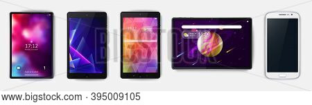 Tablets, Smartphone, Set Of With Colorful Abstract Screensaver Top View Isolated On White Background