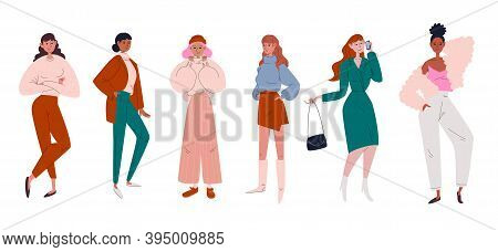 Set Of Stylish Young Women In Flat And Doodle Style. Women Are Dressed In Trendy Modern Clothes. Gir