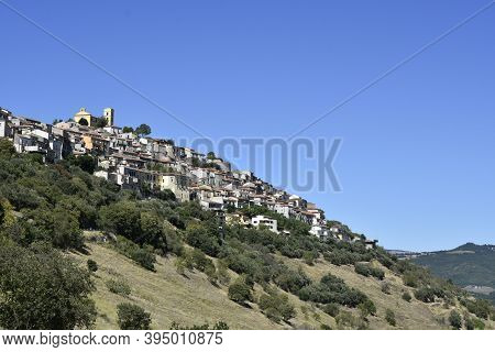 Panoramic View Of Grumento Nova, A Rural Village In The Mountains Of The Basilicata Region, Italy.