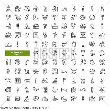 Set Of Medical Related Vector Line Icons. Contains Such Icons As Such Medicine, Pharmacology, Health