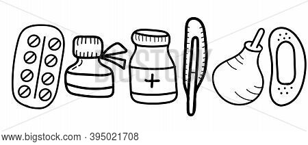 Vector Set, Medical Supplies In Doodle Style
