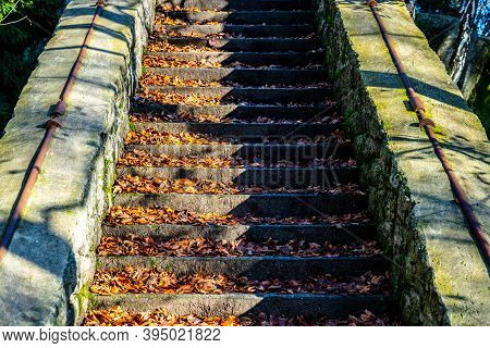 Old Stone Staircase On Terezinka. Sunny Autumn Day. Tanvald, Czech Republic