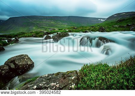 Part Of Dynjandi, Fjallfoss, Waterfall, Iceland. Long Exposure Icelandic Summer Landscape