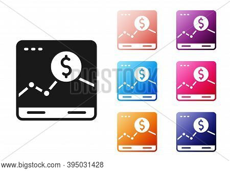 Black Website With Stocks Market Growth Graphs And Money Icon Isolated On White Background. Monitor 