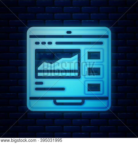 Glowing Neon Trading Courses Icon Isolated On Brick Wall Background. Distance Learning Finance Manag