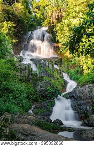 Vertical Photo, Famous Tropical Waterfall Namuang During The Rainy Season On Koh Samui In Thailand, 