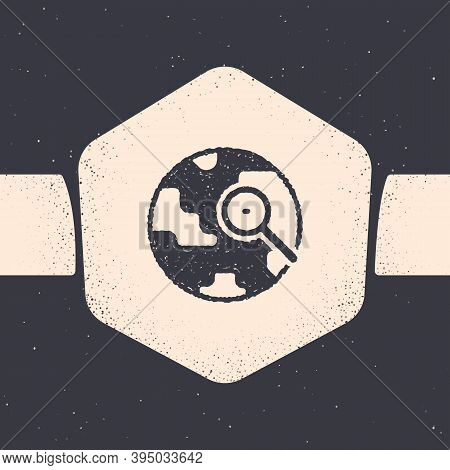 Grunge Magnifying Glass With Globe Icon Isolated On Grey Background. Analyzing The World. Global Sea
