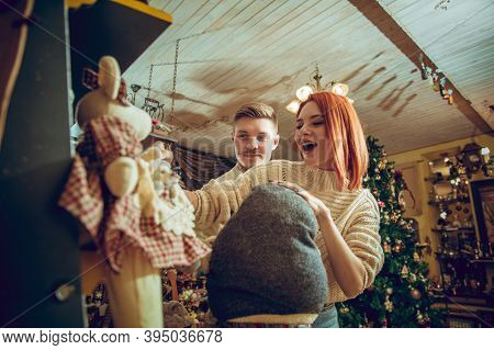 Handmade. Smiling Family, Caucasian Couple Looking For Home Decoration And Holidays Gifts In Househo