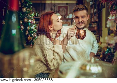 Lovely. Smiling Family, Caucasian Couple Looking For Home Decoration And Holidays Gifts In Household
