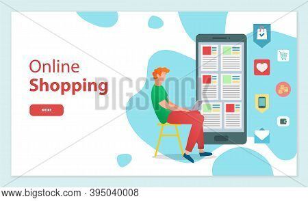 Online Shopping With Mobile App Landing Page Template. Man Sitting On The Chair And Working With Lap