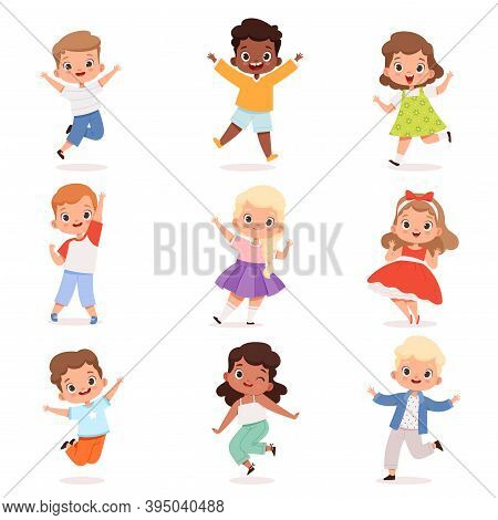Happy Childrens. Cute Playing Kids In Action Poses Vector Boys And Girls. Illustration Childhood Cha