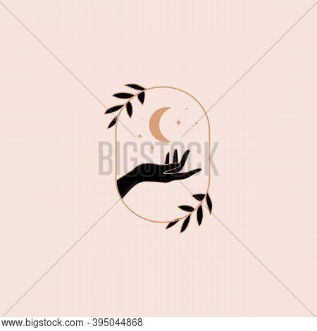 Human Hand Moonlight Logo Or Icon Symbol. Night Sky Concept, A Phase Of The Moon. Elegant Moon Logo 