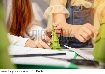 Close Up Hands Of Two Little Children, Girls Together In Creativity Of The House. Kids Make Handmade