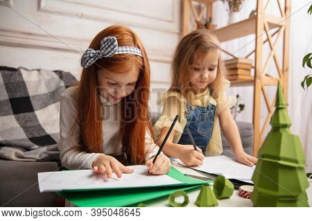 Santas Letter. Two Little Children, Girls Together In Creativity Of The House. Happy Kids Make Handm