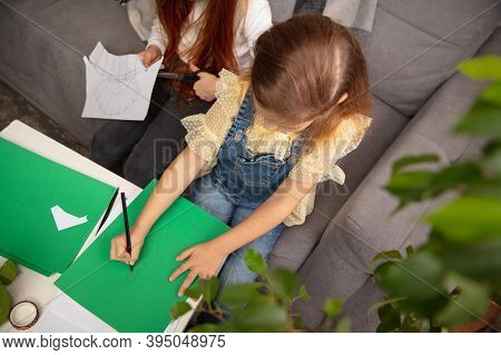 Artwork. Two Little Children, Girls Together In Creativity Of The House. Happy Kids Make Handmade To