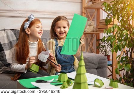 Having Fun. Two Little Children, Girls Together In Creativity Of The House. Happy Kids Make Handmade