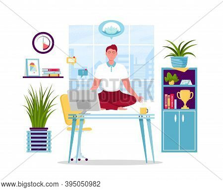 Man Meditating At Workplace. Businessman Doing Yoga To Calm Down Stressful Emotion From Hard Work In
