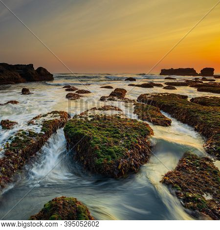 Amazing Seascape. Ocean With Moving Wave. Low Lide. Stones Covered By Green Moss And Seaweeds. Conce