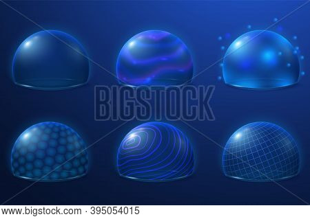 Bubble Shields. Protect Field, Futuristic Energy Force Safety Bubbles. Transparent Plasma Surface, 3