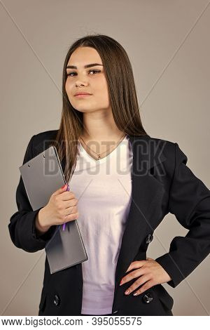 Woman Wear Black Suit Hold Folder Documents, Hospitable Administrative Worker Concept