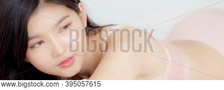 Beautiful Young Asian Woman Sexy In Underwear Figure Fit Relax In Bedroom, Asia Girl Body Slim In Li