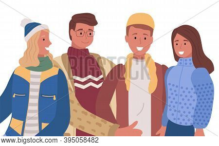 Two Couples, Men And Women Standing And Posing Together. People Smile And Talk With Each Other, Frie