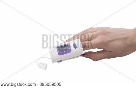 Woman Using Fingertip Pulse Oximeter Isolated On White Background With Space For Text