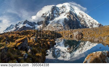 Evening View Of Mount Salkantay Mirroring In Lake, Salkantay Trek In The Way To Machu Picchu, Cuzco 