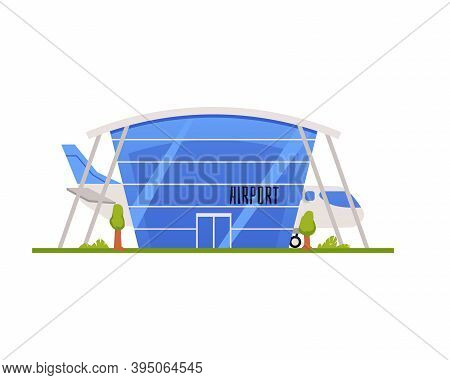 Airport Glazed Building With Landed Plane Flat Vector Illustration Isolated.