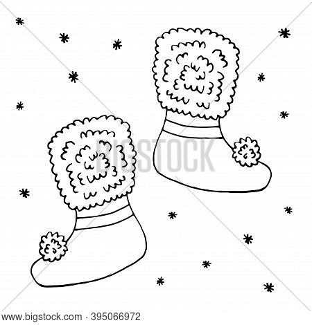 Winter Warm Boots Are Hand-drawn In A Linear Style. Black And White Illustration. Elements For Color