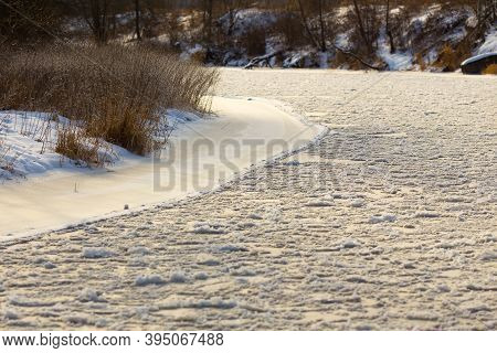 Beautiful Winter Landscape With Frosen River Winter View.