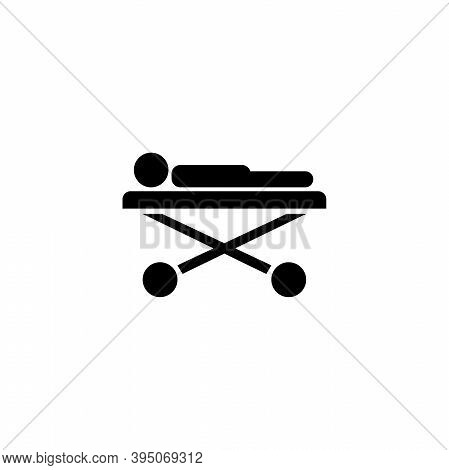 Ill Patient Lying On Medical Roller Bed. Flat Vector Icon Illustration. Simple Black Symbol On White