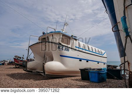 Hastings Port, East Sussex / Uk -  2020.08.08: Hastings Fishing Boats On The Beach At Rock-a-nore