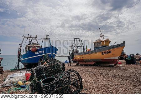 Hastings Port, East Sussex / Uk -  2020.08.08: Hastings Fishing Boats On The Beach At Rock-a-nore