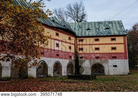 Old Abandoned Ruined Baroque Libechov Castle In Sunny Autumn Day, Romantic Chateau Was Heavily Damag