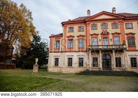 Old Abandoned Ruined Baroque Libechov Castle With Balcony In Sunny Day, Romantic Chateau Was Heavily