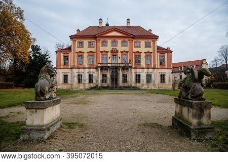 Old Abandoned Ruined Baroque Libechov Castle With Balcony In Sunny Day, Romantic Chateau Was Heavily