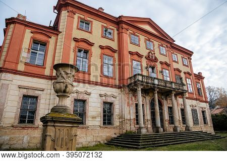 Old Abandoned Ruined Baroque Libechov Castle With Balcony In Sunny Day, Romantic Chateau Was Heavily