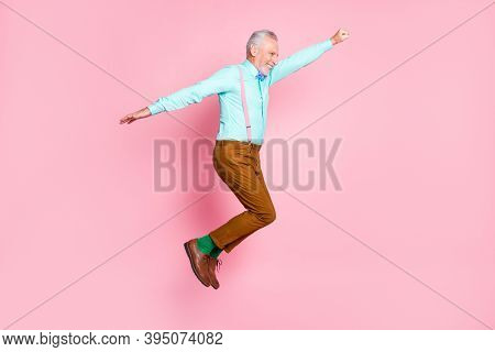Full Length Body Size Side Profile Photo Of Funny Granddaddy Jumping High Pretending Superhero Isola