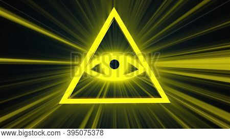 Mason Symbolism All Seeing Eye, Computer Generated. 3d Rendering Of Radiant Delta On Dark Background