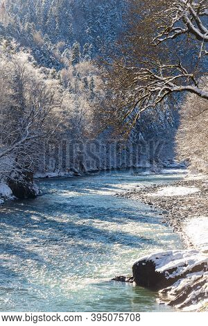 Beautiful Sunny Winter Landscape At Caucasus Mountains.