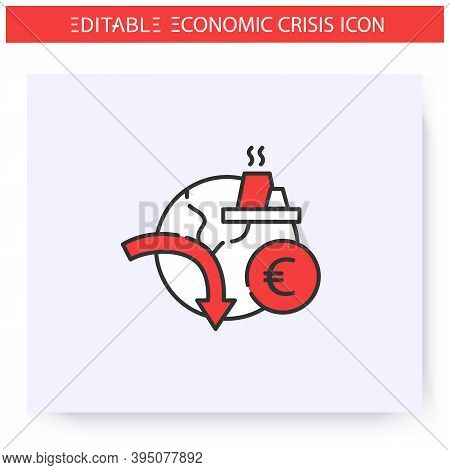 World Market Collapse Line Icon. Demand Decrease. Recession Arrow And Globe. Economical Crash And De
