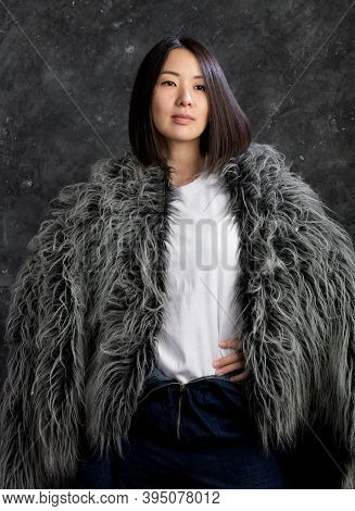 Beautiful Korean Woman Dressed In Fur Mantle