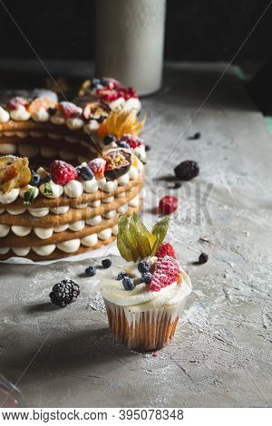 Round Pie With Berries On A Gray Background