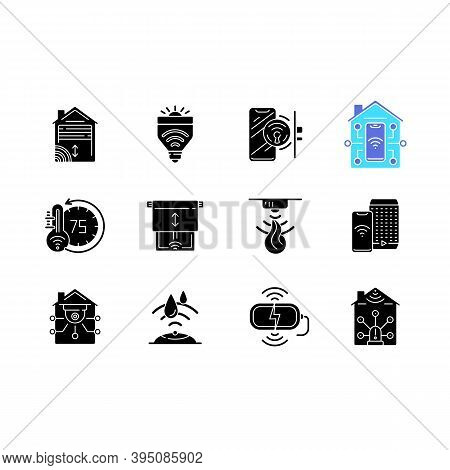 Smart House Black Glyph Icons Set On White Space. Innovatonal Window Blinds Sensor. Remote Controlle