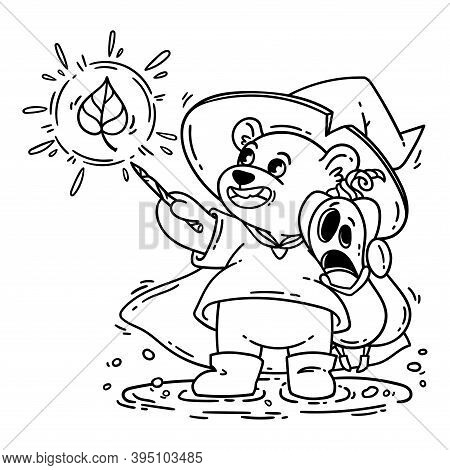 Magician Bear In Witch Hat, Raincoat And Boots, Hugs Halloween Shocked Pumpkin. The Wizard Casts Spe