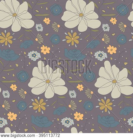 Hand Drawn Seamless Pattern With Cute Sketch Pale Colors Flowers. Ditsy Floral Texture On Dark Backg