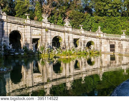 Stunning View Of Eolo Fountain With Arches And Marble Statues, Royal Palace Of Caserta, Italy