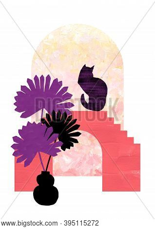 Contemporary Hand Drawn Poster Collage In Trendy Pink Burnt Coral, Violet Colors. Minimal Abstract T